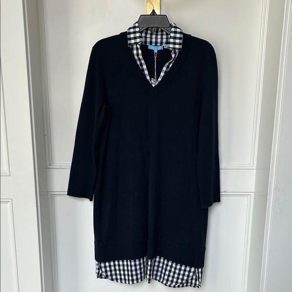 DRAPER JAMES Wool and Cotton Combo Sweaterdress in Navy Blue White Checkered - Picture 3 of 10